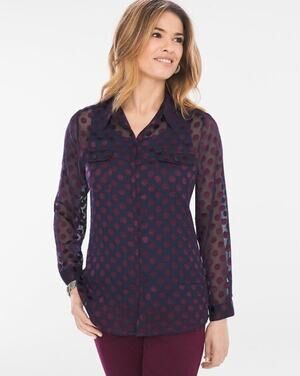 CHICOS | Womens Luxe Dot-Print Shirt Size Large Sheer Disco Long Sleeve Blouse